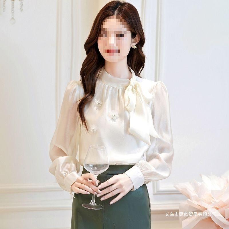 Romantic French Collared Butterfly Tie Blouse With 3d Effect For Spring Office Wear