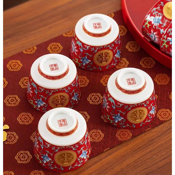Chinese Double Happiness Red Wedding Tea Set,Porcelain Wedding Tea Set,Beam Handle, Comfortable To Hold,for Newlyweds, Friends Chinese Traditional