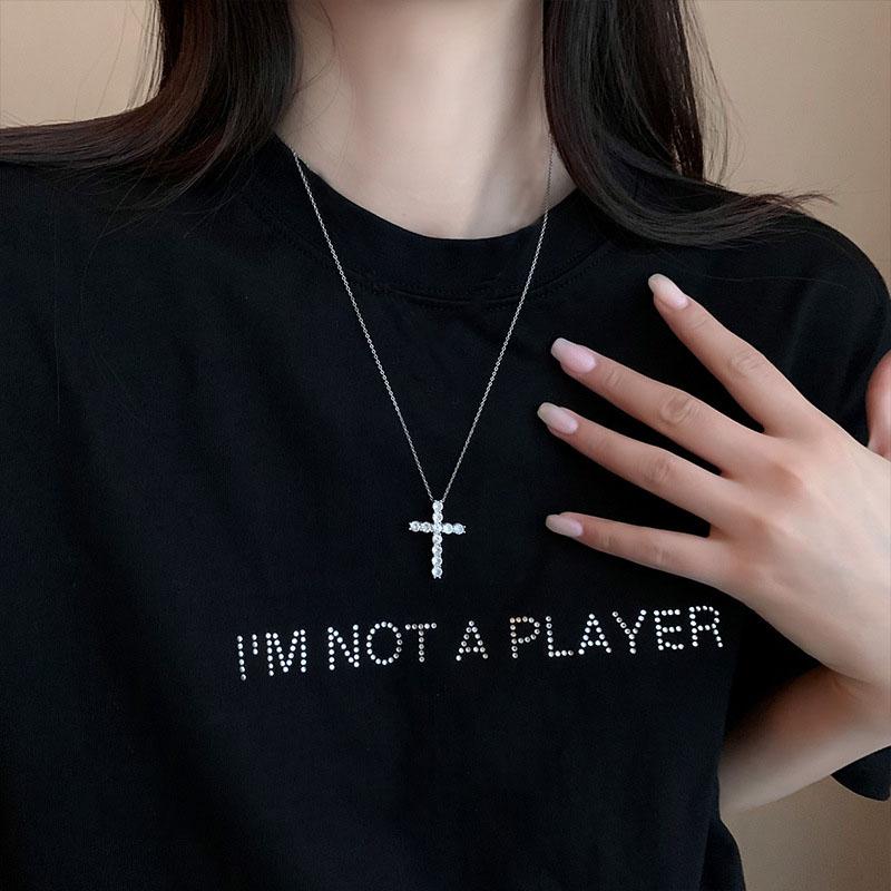 PANJBJ S925 Sterling Silver Korean Personality Glossy Cross Necklace Ladies Simple And Versatile Pendant Chain NecklacePANJBJ