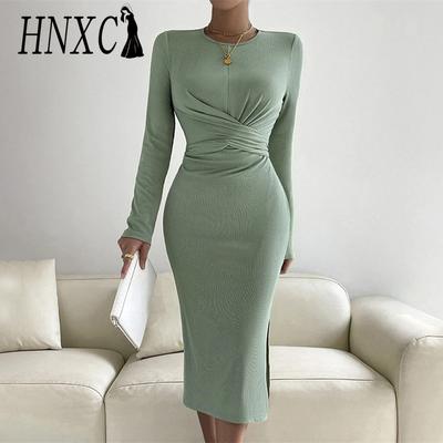 HNXC Damesmode Zomer Lente Effen Kleur Print Lange mouw O-hals Hoge taille Casual jurken