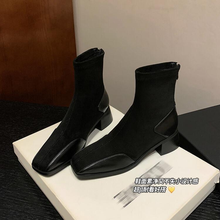 

2025 autumn and winter Korean version of thin boots low heel rear zipper square head small leather shoes elastic thin boots versatile thick heel wom 39 чёрный
