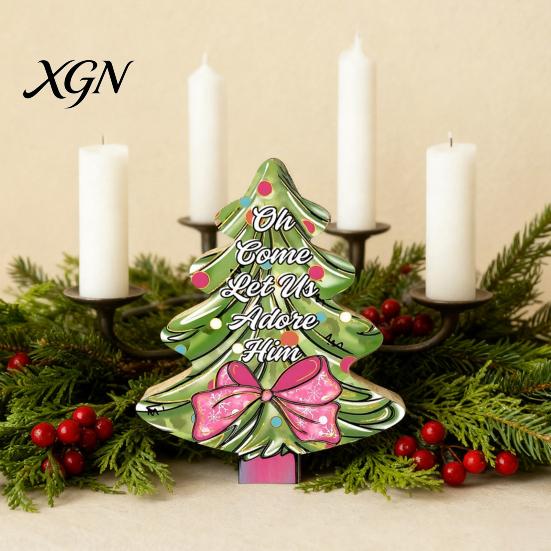 Festive Home Decor Accents Colorful Christmas Tree Tabletop Decor, Wooden Plaid Patterned Xmas Signs with Small Party Favors Merry Greetings,
