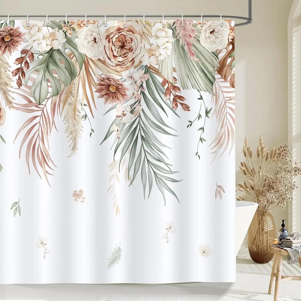Watercolor Tan Leaf Flower Leaf Shower Curtain Modern Home Decorative Waterproof Shower Curtain with 12 Hooks 180X180CM