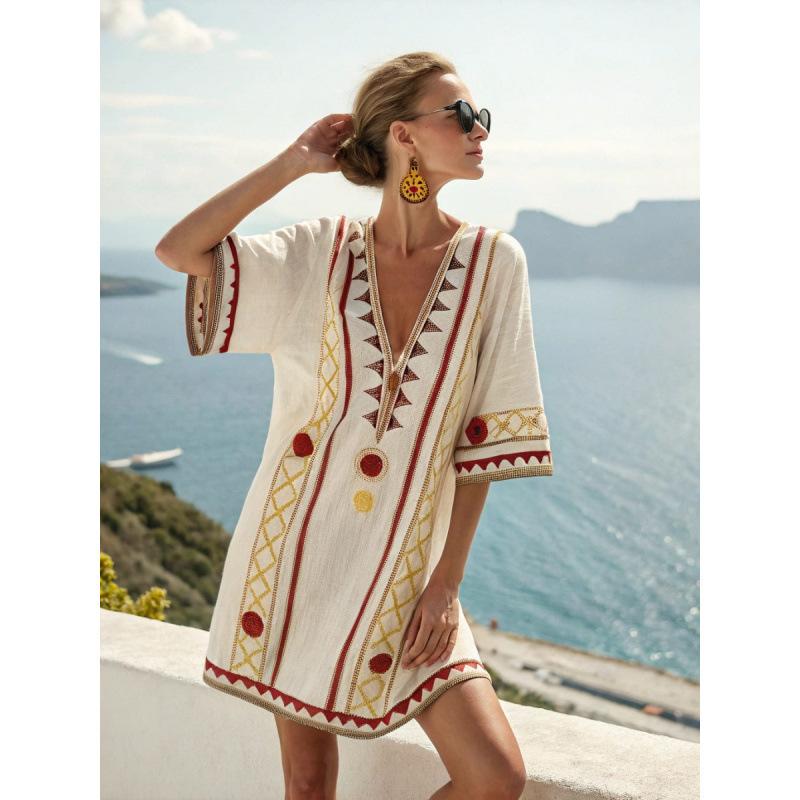 2026 summer European and American new loose printing V-neck women's casual vacation dress