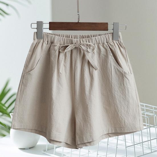Short Pants with Drawstring High Waist Solid Color Double Pockets Thin Linen Wide Leg Women Casual Shorts Outdoor Streetwear