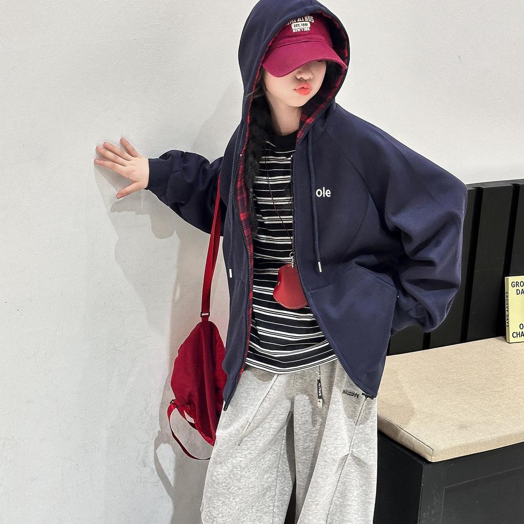 Girls' Reversible Jacket: Spring & Autumn 2025 Hooded Sweatshirt for Medium & Large Children