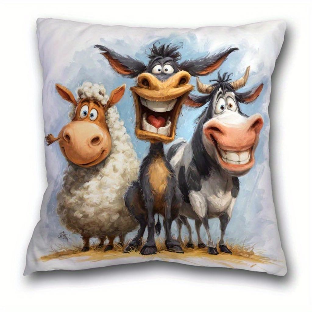 1pc Pillowcase, Cute Cartoon Sheep, Donkey, and Cow Pattern Short Plush Pillowcase, Soft and Smooth Polyester Short Plush Fabric, Single-Sided Printed