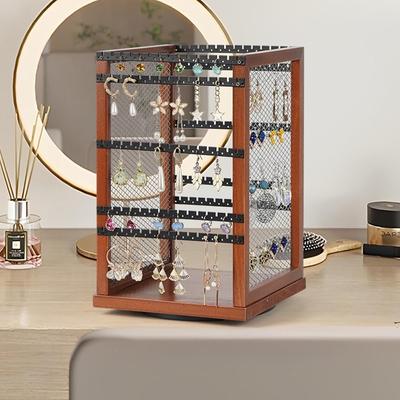 1 peça Suporte de armazenamento giratório 360 graus para joias femininas de mesa, porta-organizador de exibição multifuncional para anéis, brincos e colares, base de madeira.