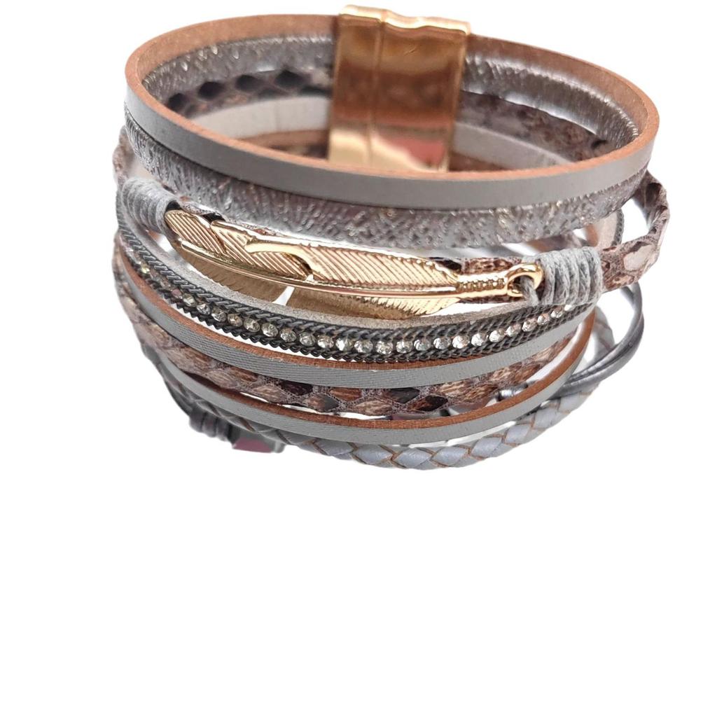 Bohemian Ethnic Crystal Feather Layered Leather Bracelet