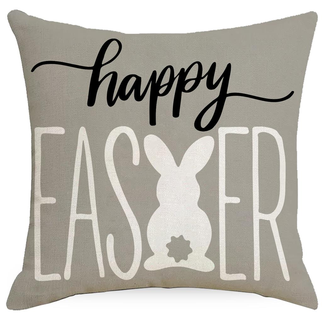 Easter Bunny Printed Linen Pillow Cover Spring Black and White Plaid Pillow Cover