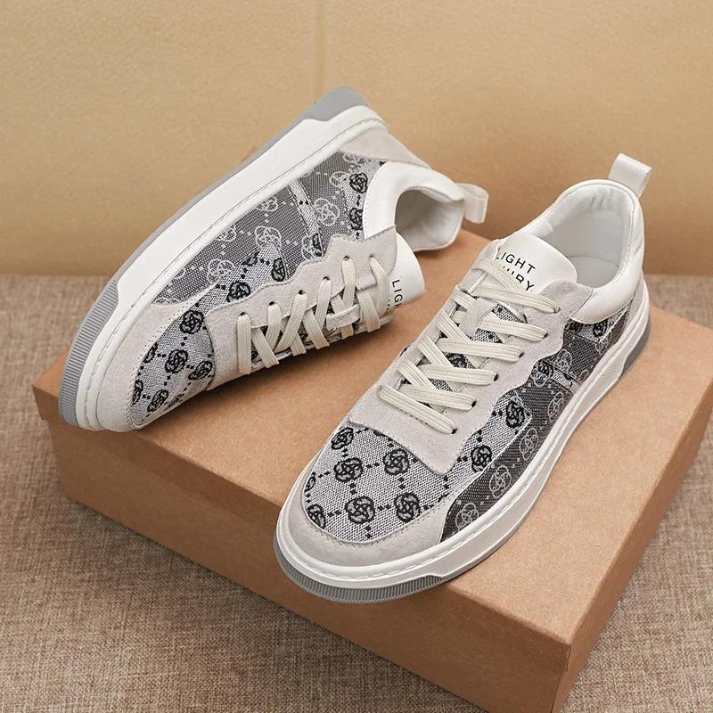 New Men Shoes Trend Leather Casual Shoes Designer Flowers Print Flat Skateboard Shoes Street Cool Lace-up Sneaker