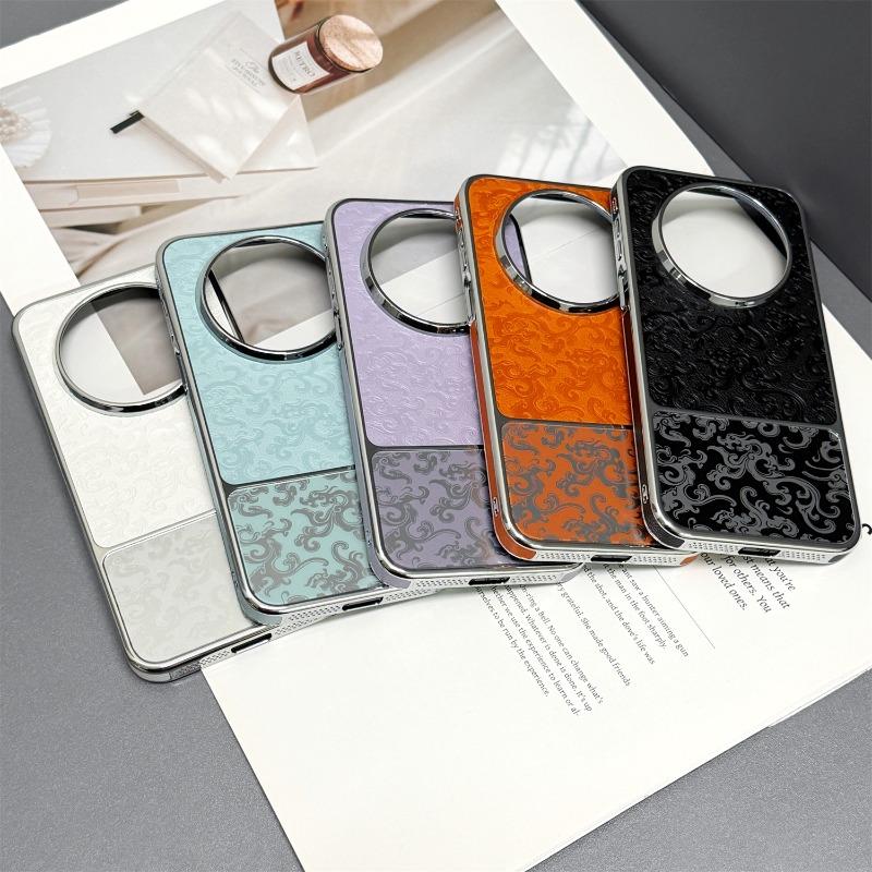 For Huawei Nova 15 Max Case Simple Flower Print Relief PU Vegan Leather Splicing Electroplated  PC Lightweight Hard Phone Cover