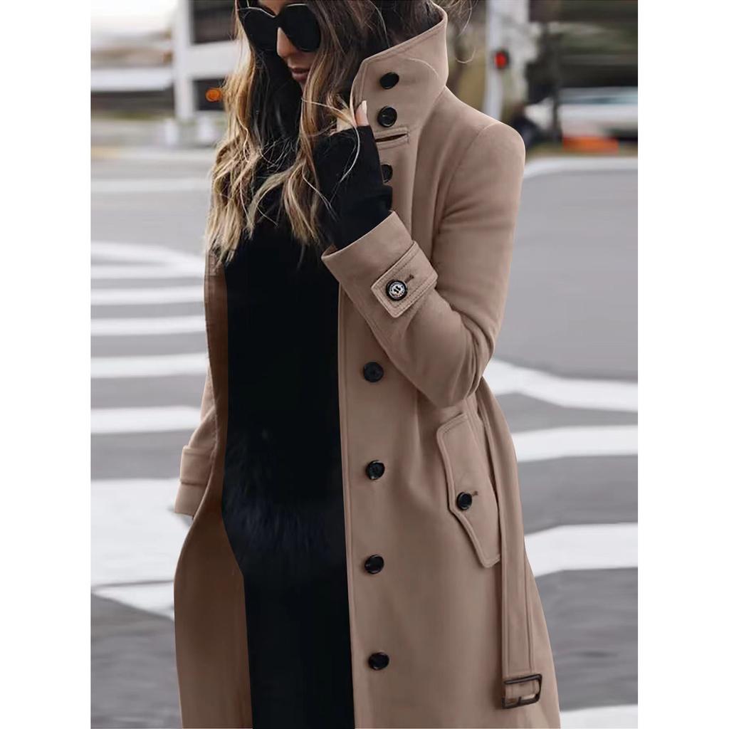 Autumn Winter Slim Fit Cardigan Women's Single Breasted Stand Collar Woolen  Long Sleeve Coat Plus Size