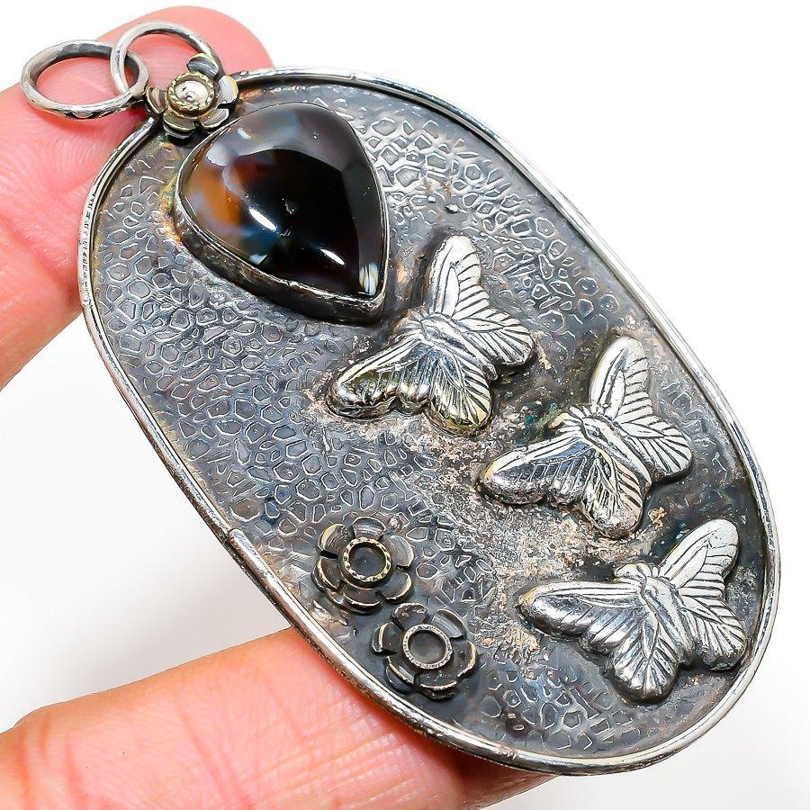 

Natural Banded Agate Gemstone Handmade 925 Sterling Silver Pendant 3.27 w9A12