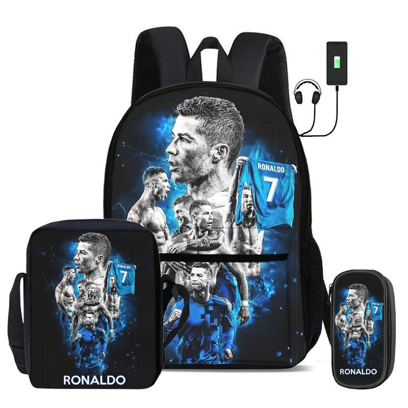 Ronaldo 3 Pcs Set School Bags Backpack with USB Interface CR Football Star Shoulder Bag Football Sports Pencil Bag Kids Rucksack