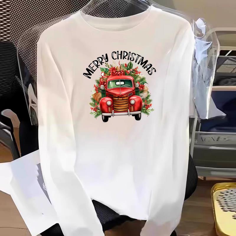 (Asian Size) Truck Watercolor Graphic Tee Women Merry Christmas New Year Print Casual Fashion Top O-neck Clothing T Shirt Long Sleeve T-shirts