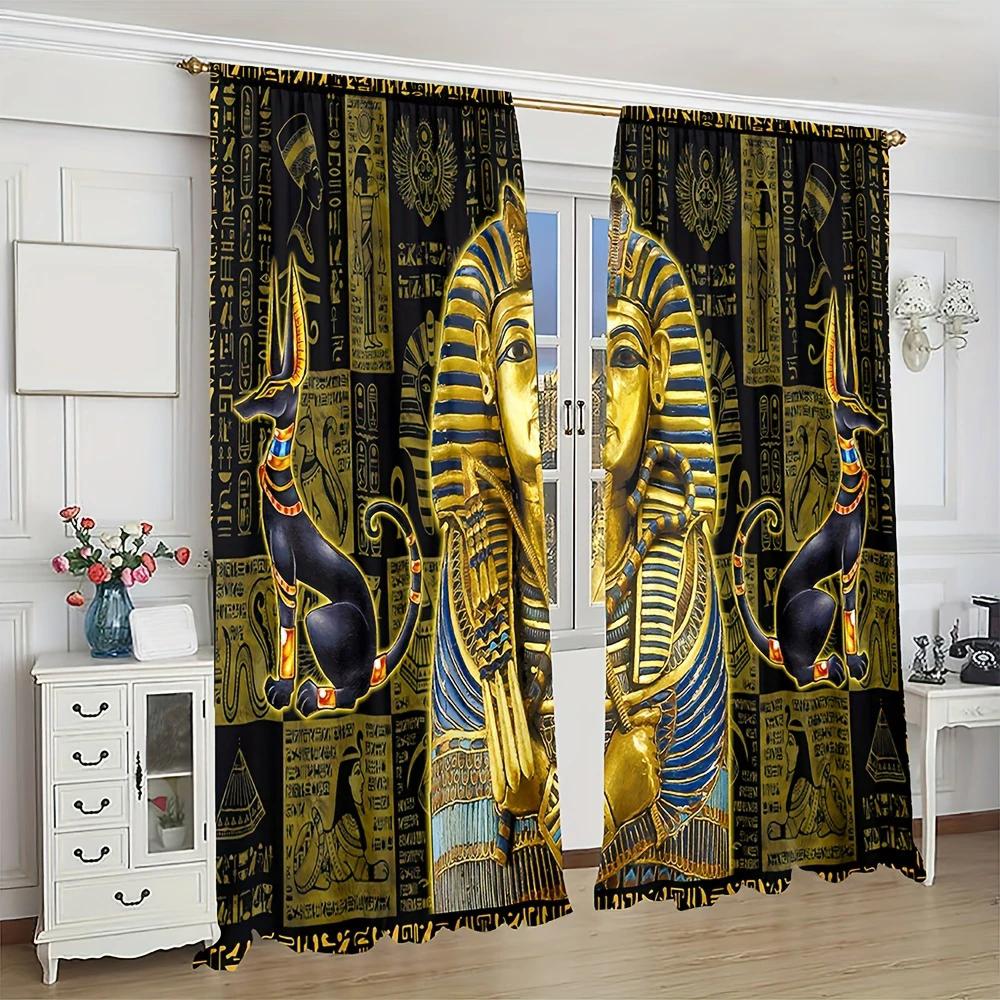 2 pieces of golden Egyptian Pharaoh ancient pattern printed curtains   pole bag curtains   home decoration   room decoration