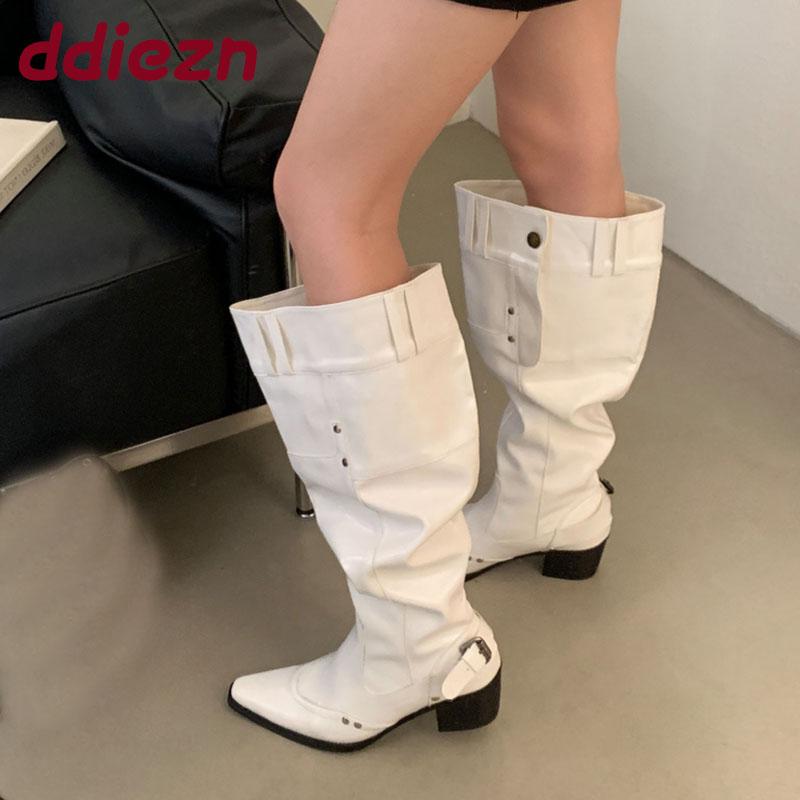 Fashion Fashion Buckle Women Knee High Western Boots With Heels Shoes Female Pointed Toe Footwear Modern Ladies Long Booties Pumps Shoes