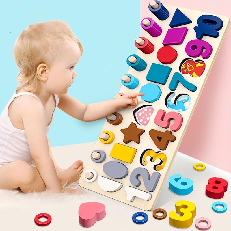 Wooden Cartoon Ocean Fishing Cartoon Number Letter Traffic Shape Matching Logarithm Board Cognitive Toy for Kids