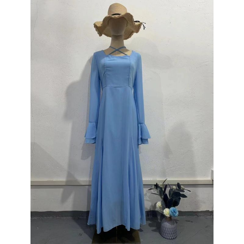 

Fashion New Arrival Autumn Chiffon Lotus Leaf Sleeve Tied Slim Fit Dress Lotus Leaf Lace up Dress Light blue S