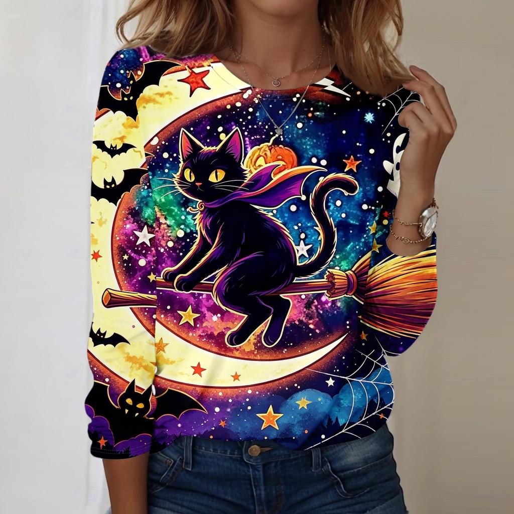 Women Long Sleeve Casual Pullover Sweatshirt Halloween Pumpkin Print Round Neck Top Lightweight Comfortable Fit