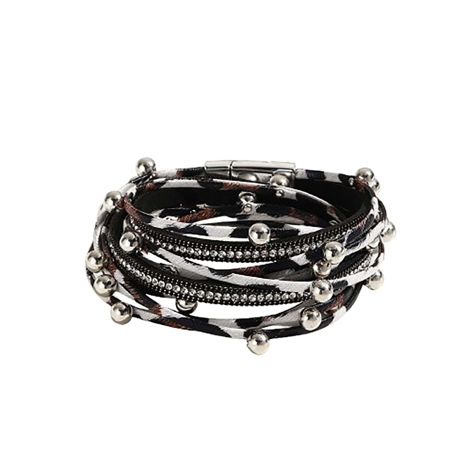 

Двухкруговой кожаный браслет с бусинами, многослойный кожаный браслет, модный женский браслет с магнитной застежкой и бриллиантами, ювелирные изделия One Size