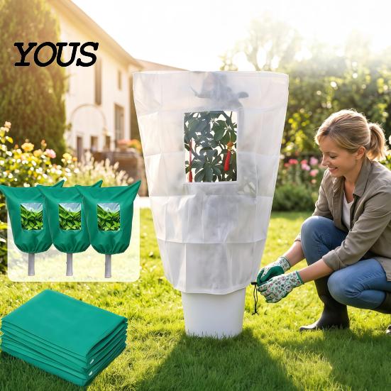 Freeze Proof Plant Sack Winter Cover, Drawstring Protection Bag with Window, Non-woven Thermal Barrier for Fabric Frost Blanket Outdoor Potted Plants