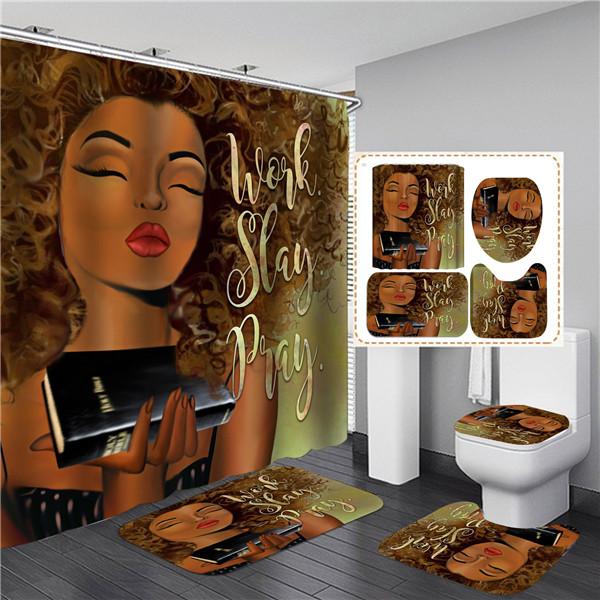 4PCS Full Set Bathroom Curtain Set Elegant African Black Woman Shower Curtain Hooks Modern Bath Mat Toilet Lid Cover Anti-slip Bath Mats
