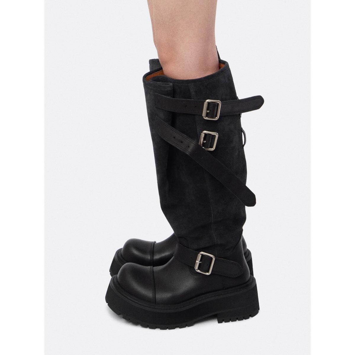 

Leather~ Thick-soled retro but knee boots women s widened version new suede retro wind stacking boots tooling boots 40