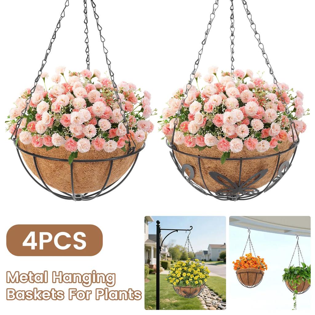 4Pcs 10 Inch Hanging Flower Basket Outdoor Coco Liner Round Hanging Flower Pot with Chain and Hook Metal Plant Basket for Garden
