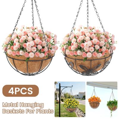 4Pcs 10 Inch Hanging Flower Basket Outdoor Coco Liner Round Hanging Flower Pot with Chain and Hook Metal Plant Basket for Garden
