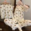 Sweet Cartoon Bear Short-Sleeved Cloud Cotton Pajamas Women'S Summer Gentle Lace Loungewear Three-Piece Set