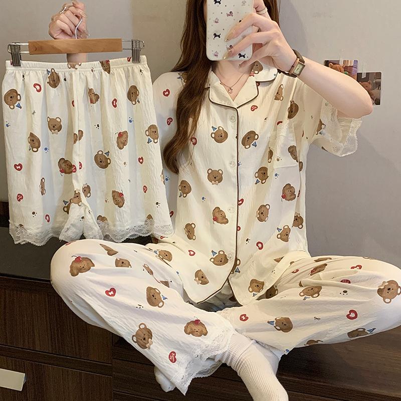 Sweet Cartoon Bear Short-Sleeved Cloud Cotton Pajamas Women'S Summer Gentle Lace Loungewear Three-Piece Set