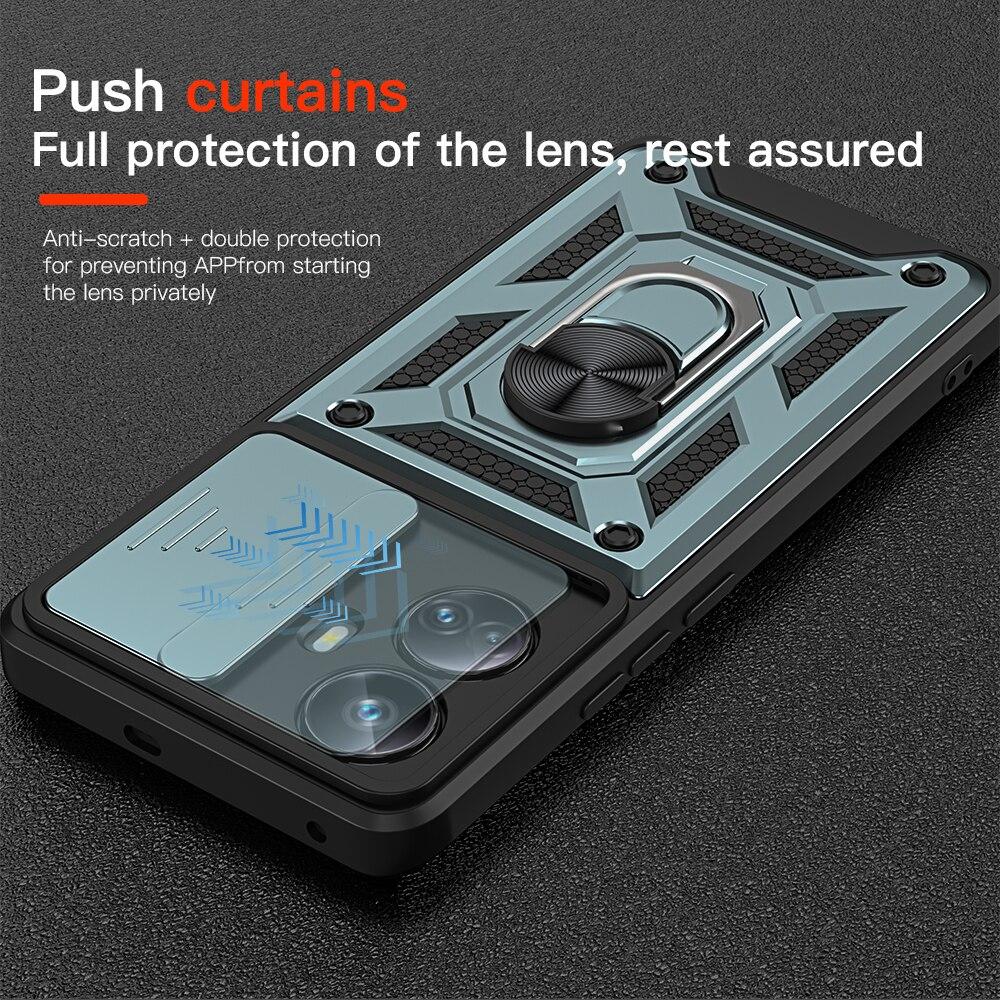 KEYSION Funda armadura a prueba de golpes para Realme 10 Pro + 5G, anillo de protección de lente de cámara deslizante, cubierta de teléfono con soporte para OPPO Realme 10 Pro