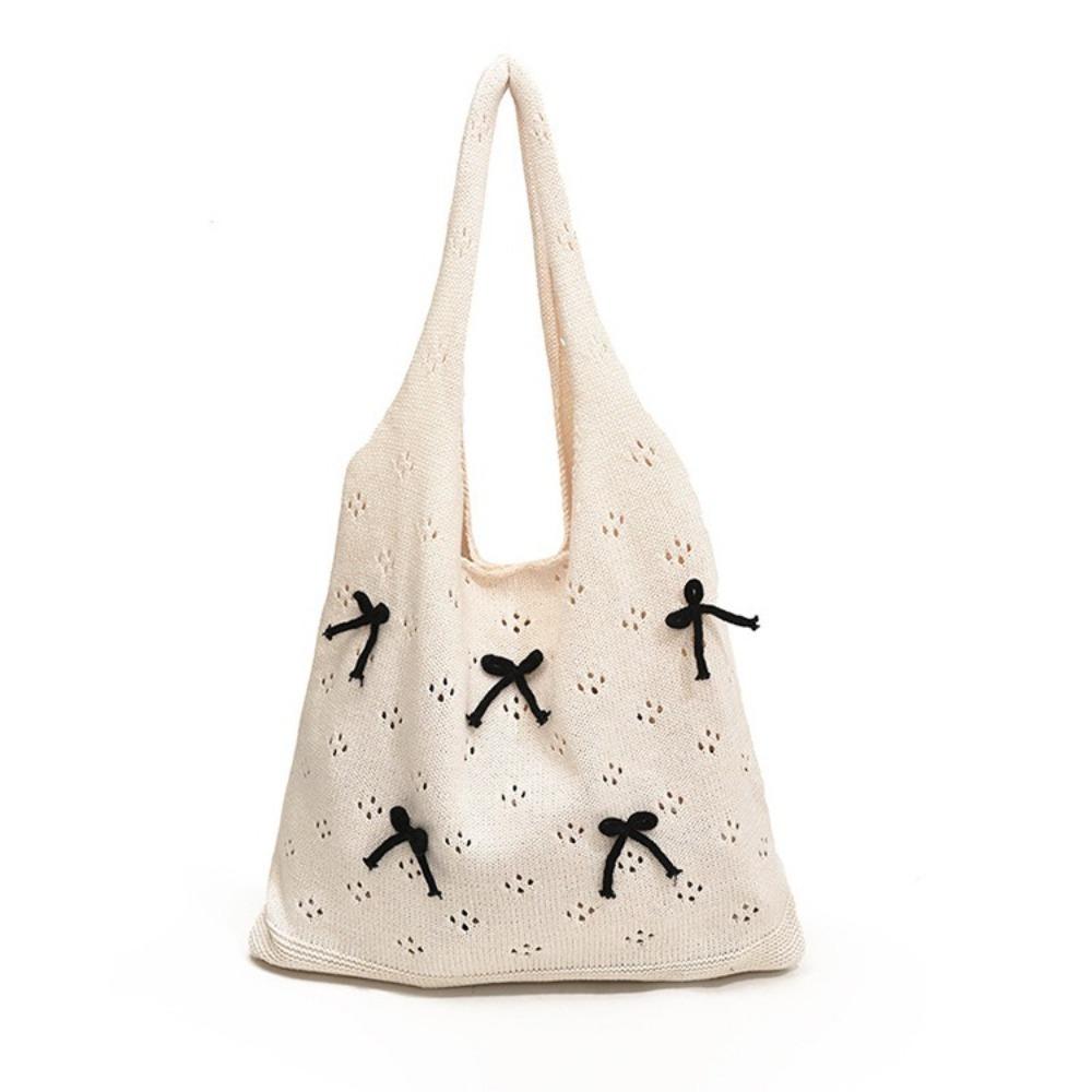 

Hollow Bow Knitted Shoulder Bag Square Beach Tote Bag Sweet Knitted Crochet Handbag Party
