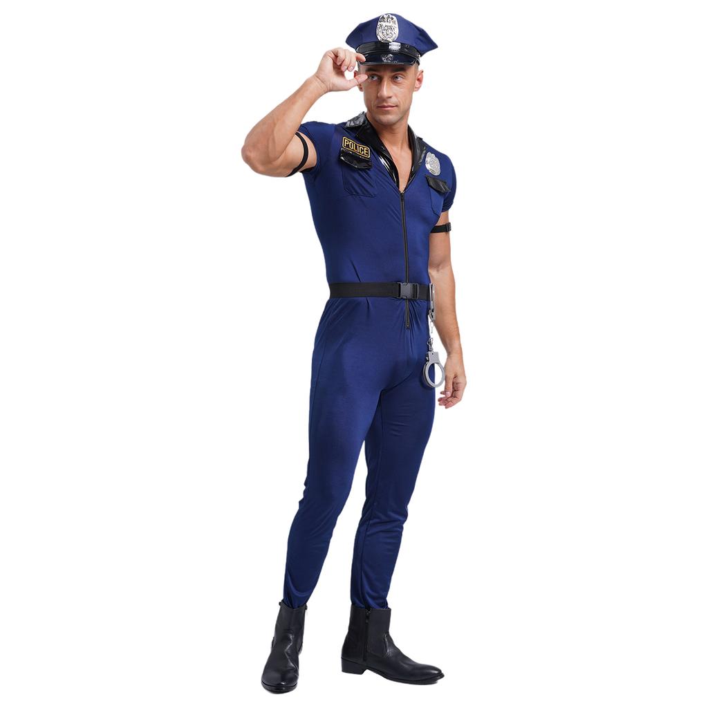 Mens Halloween Police Cosplay Costume Front Zipper Jumpsuit Complete Hat Belt Manacles Badge Seven Piece Cop Set