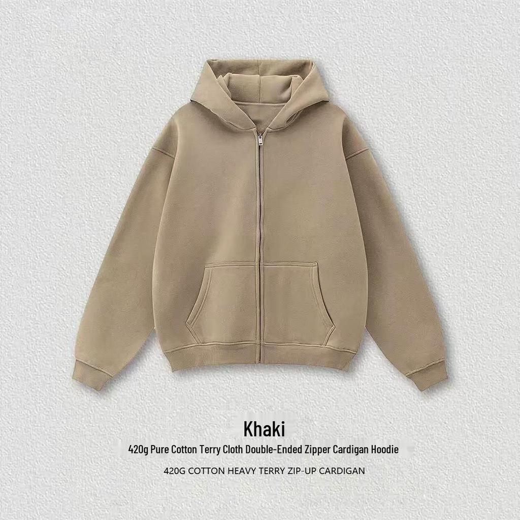 Double Zipper Hooded Cardigan, 420g Large European Size, 100% Cotton, Spring/Autumn, Trendy Loose Jacket