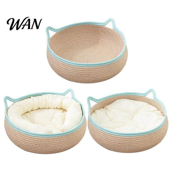 All Season Cat Bed Basket with Cushion Cotton Rope Handwoven Pet Spacious Breathable Ear for Indoor Cats Stretch Space