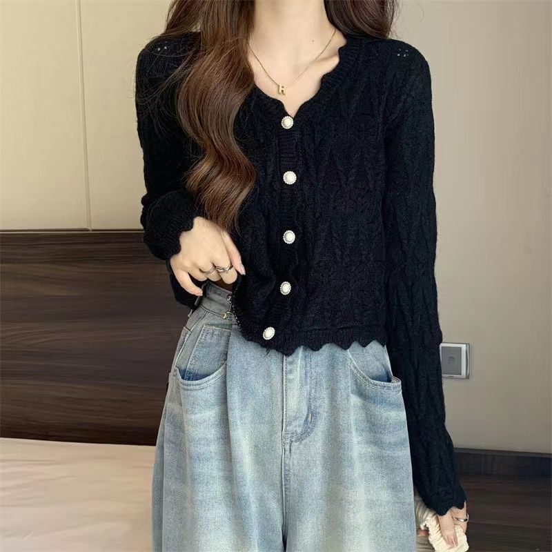 

Knitted Cardigan Long-sleeve Sweater for Women Korean Style Early Autumn Top Fashionable Niche Designed Top XS чорний