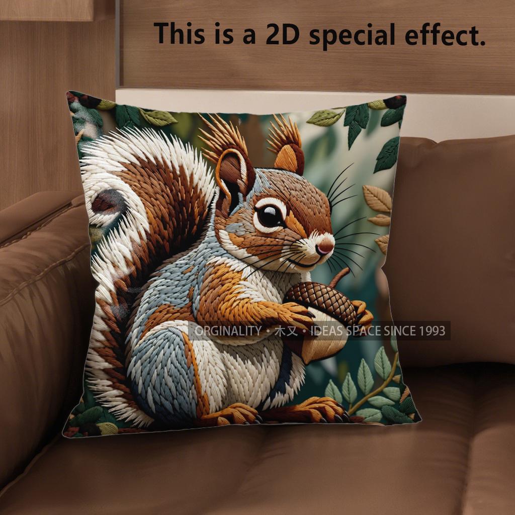 2D Cute Squirrels Holding Nuts Pillow Covers Pattern Cushion Cover Suitable For Sofa Bedroom Car Pillow Cover