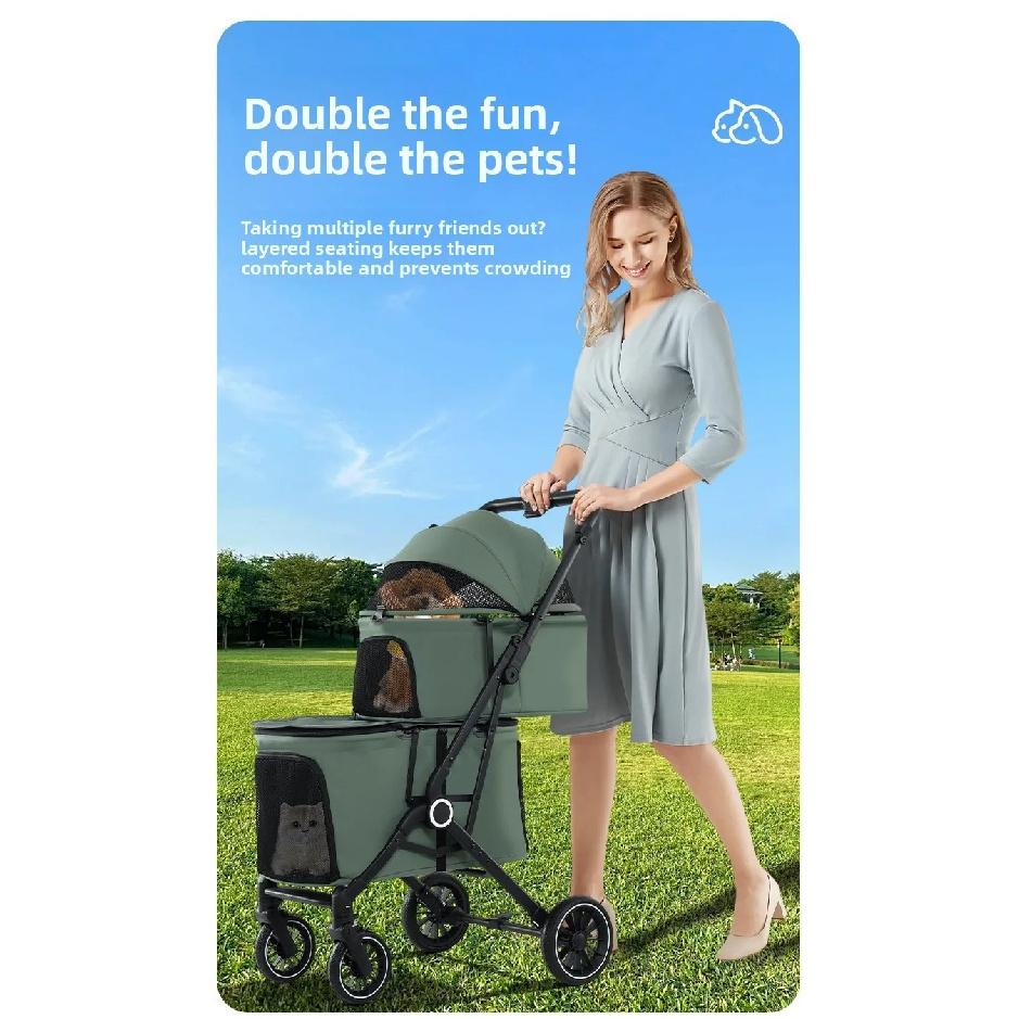 Double Pet Stroller for Dogs and Cats Travel Carriage with Safety Beltsand 4 Lockable Wheels Foldable for Multi-Pet Medium
