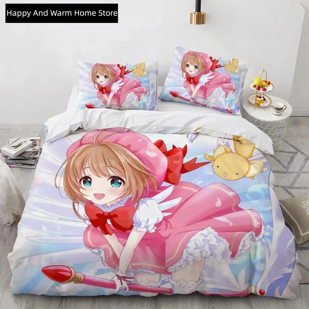 Anime Cardcaptor Sakura Beding Set,Soft Duvet Cover Warm Comforter Bed Linen Set Comfortable Quilt Cover Pilowcase,King Quen Twin Sized Dimensions