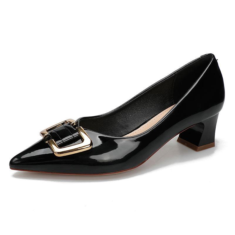 Spring 2025 New Mid-heeled Women's Single Shoes Thick Heel High Heels Patent Leather Red Wedding Shoes Pointed Light Mouth Four-season Shoes