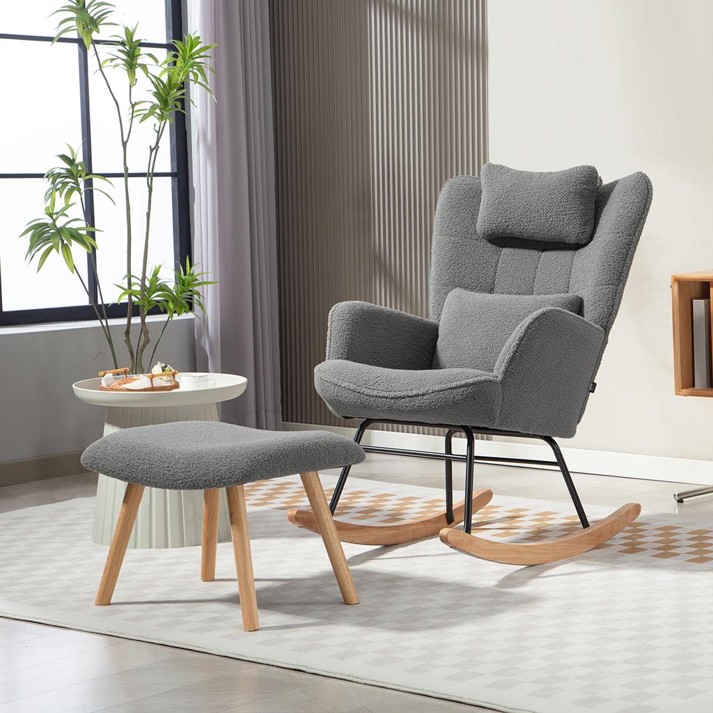 Rocking Chair With Footstool Soft Fleece Cover Wooden Legs Cushion High Backrest Rocking Armchair Dark Gray