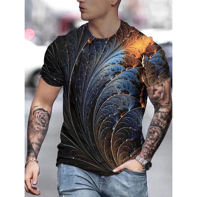 Herr T-shirt med 3D-tryck, kortärmad, rundhalsad, tröja, avslappnad topp