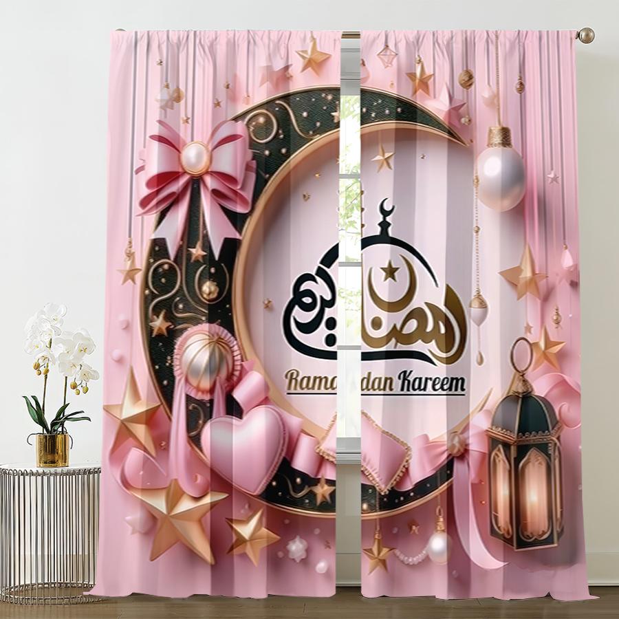 

2PCS Pink Gold Zhai Month Theme Curtains Romantic Style Bedroom and Living Room Drawbar Pocket Decorative Curtains 100*130 Grommet Top 1pcs