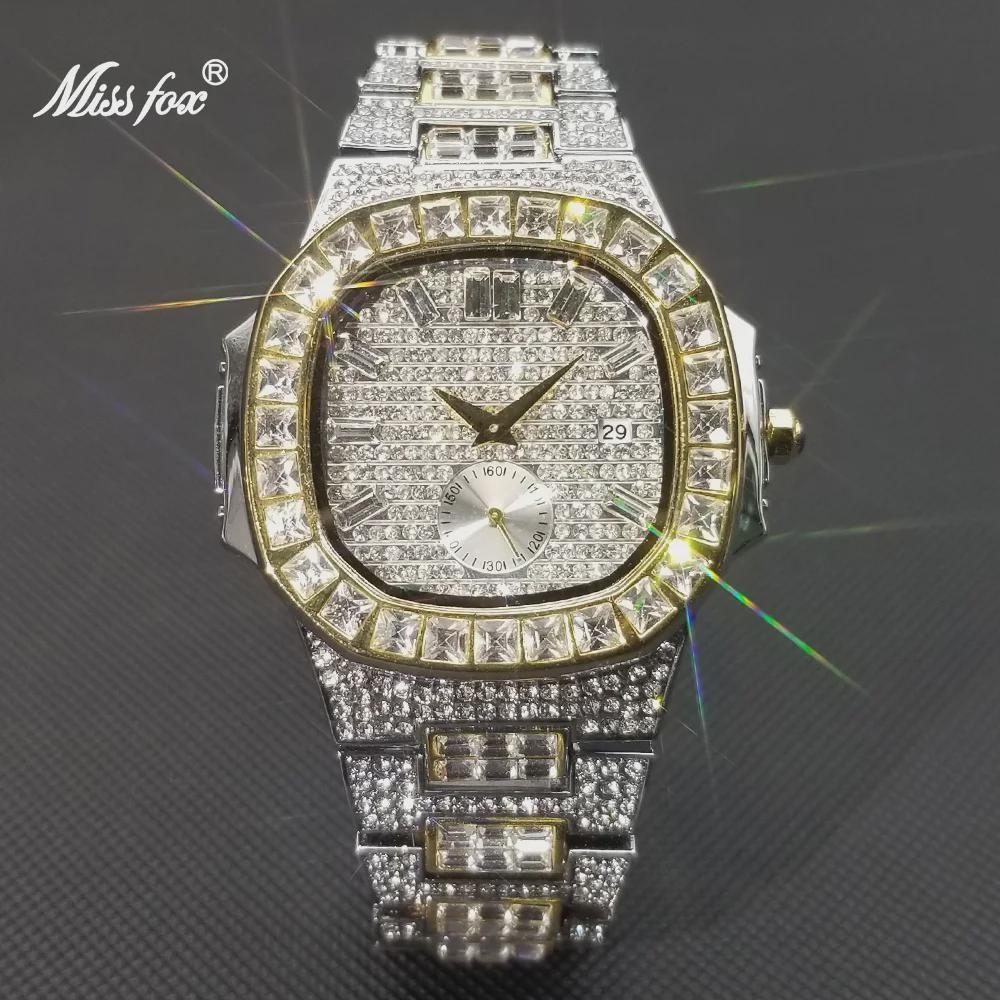 Hip Hop Iced Out Mens Watch Diamond Paved Analog Quartz Watch Waterproof Stainless Steel Luxury Wristwatch