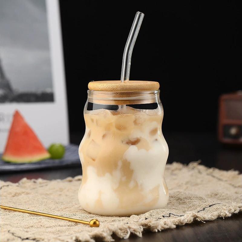 

Стеклянная чашка Чашка с соломинкой и крышкой Полосатые стаканы Стакан для воды Кофейная чашка Молочная чашка 500ml