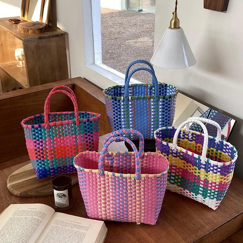 Vegetable Basket Summer Fashion PVC Handbag Hand Woven Bag Patchwork Striped Tote Beach Bags Purses and Handbags