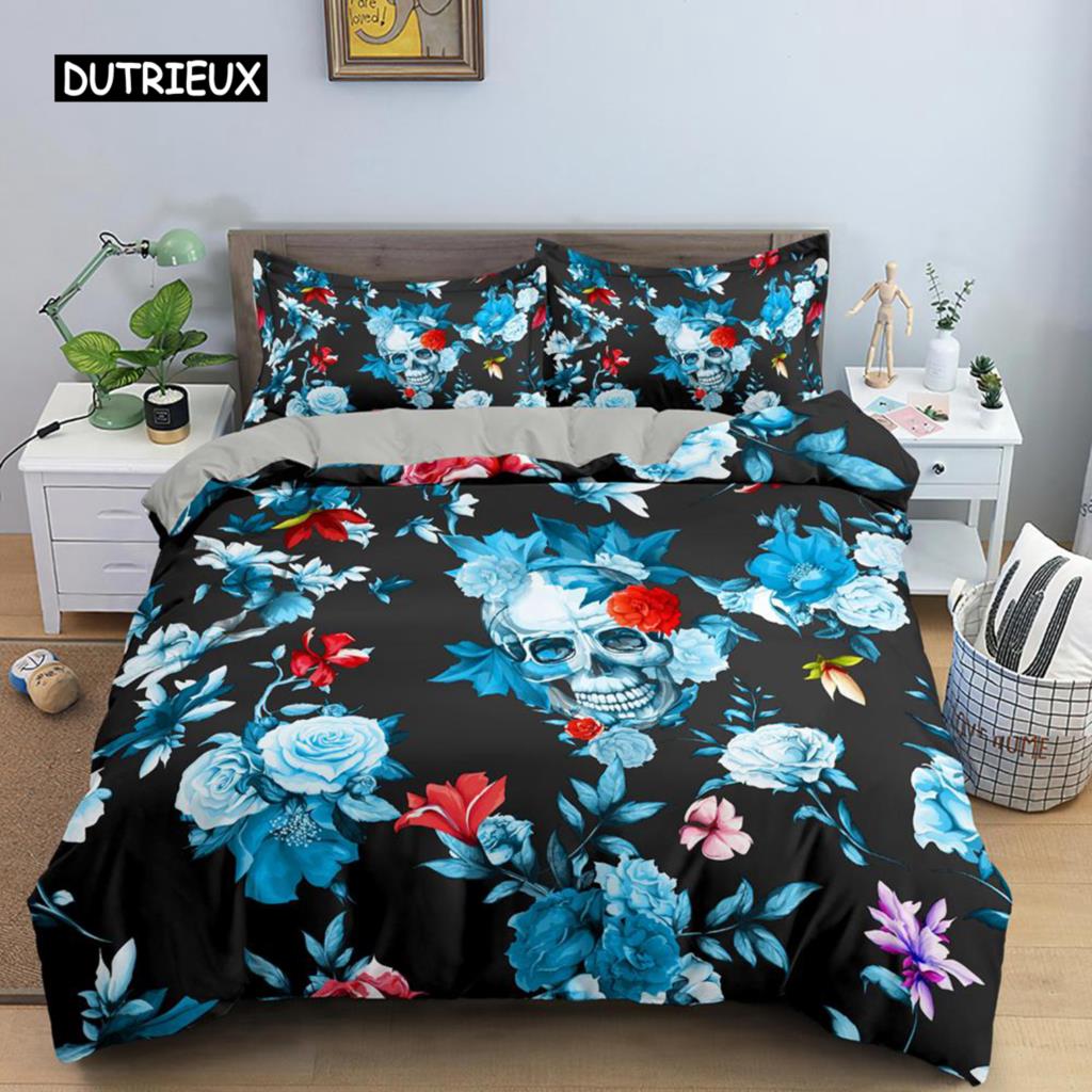 Skull Duvet Cover Set King Queen Size Gothic Rose Flowers And Skull Bones Bedding Set Microfiber Horror Skeleton Comforter Cover